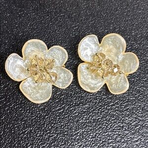 Detailed 3D Acrylic Beaded Floral Gold and Cream Earrings